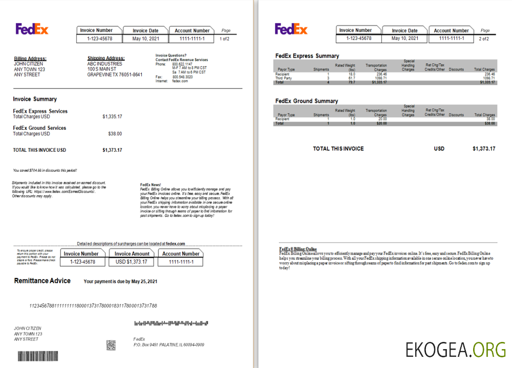 Facture Fedex aux États , Unis